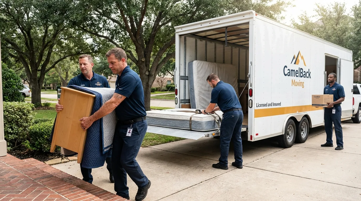 Crew loading residential truck for cross-state move from Parsons, KS