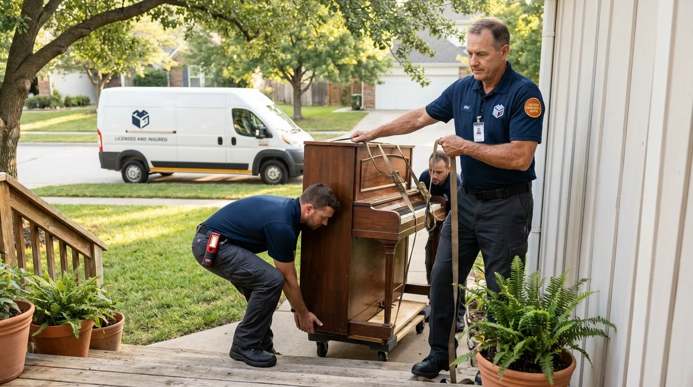 Licensed piano movers securing grand piano in Parsons, KS