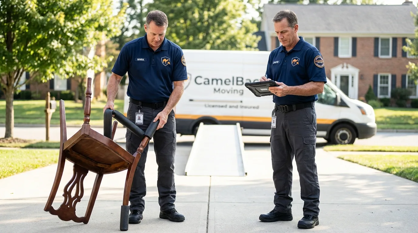Movers inspecting furniture for damage prevention before loading in Parsons, KS